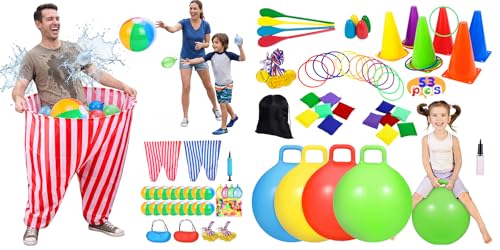 Granny Pants Yard Game Giant Pants Outdoor Game, 53PCS Carnival Games Combo Set, Hopper Balls for Kids, Ring Toss, Bean Bags, Easter Games Egg Spoon Relay Race, Backyard Field Day Birthday Party Game