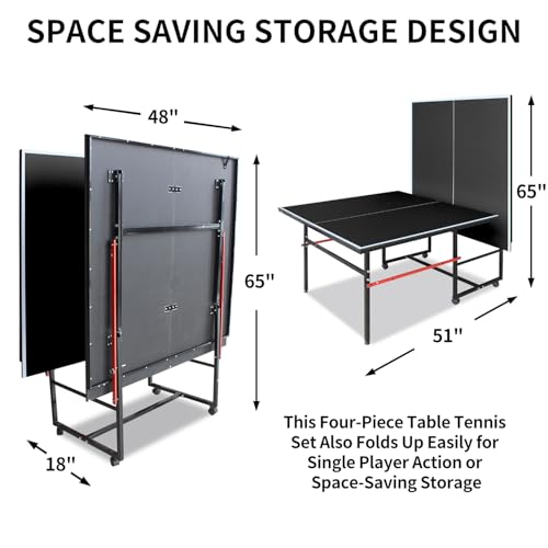 4/6/8/9 ft Professional Table Tennis Table Ping-Pong Tables Set Foldable & Portable Tables with Removable Net 2 Table Tennis Paddles and 3 Balls Easy Assembly - color: Black, size: 8 Ft