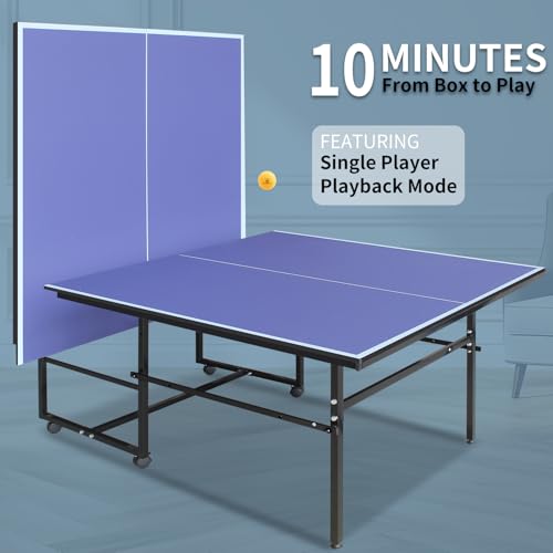 Ping Pong Table Foldable Indoor 8/8.5/9FT Single Player Playback Mode Game Set with Paddles and Balls - color: Blue-9x4.1FT