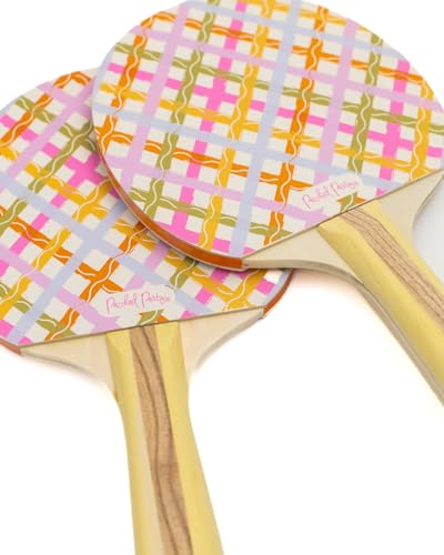 Packed Party Game Set Match Table Tennis Set – 2 Multicolor Plaid Wooden Paddles, 3 Balls, and Retractable Net for Any Table, 6-Piece Complete Set