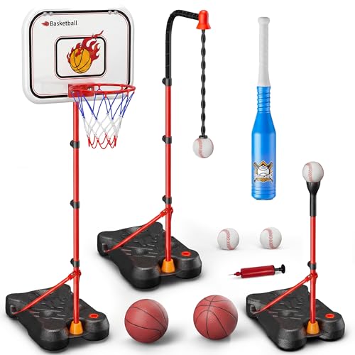 Kids Basketball Hoop Set with T Ball Stand, 4 in 1 Adjustable Kids Sports Toy Indoor Outdoor, Basketball Goal for Kids 2 to 8, Easy Setup, Durable Base, Gift Toy
