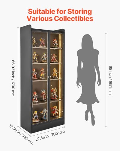 VEVOR Display Cabinet with Doors, 67in Tall Display Case with 2 Adjustable Shelves, 3 LED Lights, 5-Tier Curio Collectibles Storage Cabinet, Bookshelf Bookcase for Pantry Bedroom Living Room Office - size: 67in