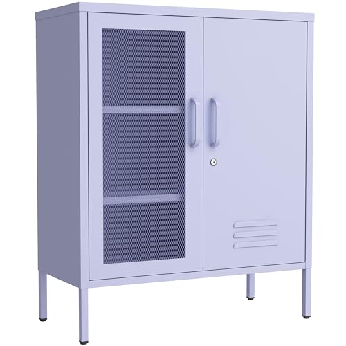 Accent Cabinet Locker, Lockable Storage Cabinet with Mesh & Metal Doors, 3-Tier Heavy Duty Steel Cabinet with 2 Adjustable Shelves, for Living Room, Home Office Purple 33"H x 29.5"W x 13.8"D - color: Lilac, style: Cabinet-33"H-SW