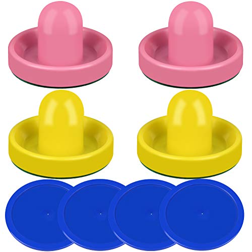ONE250 Air Hockey Pushers and Red Air Hockey Pucks, Goal Handles Paddles Replacement Accessories for Game Tables (4 Striker, 4 Puck Pack) - color: Pink & Yellow