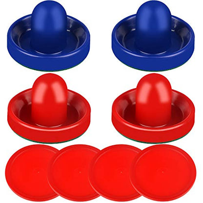 ONE250 Air Hockey Pushers and Red Air Hockey Pucks, Goal Handles Paddles Replacement Accessories for Game Tables (4 Striker, 4 Puck Pack) - color: Blue & Red