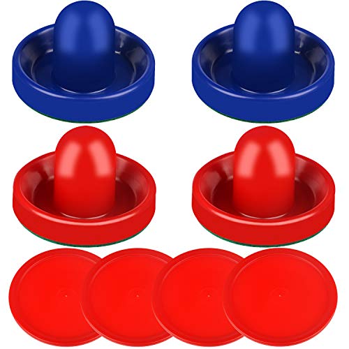 ONE250 Air Hockey Pushers and Red Air Hockey Pucks, Goal Handles Paddles Replacement Accessories for Game Tables (4 Striker, 4 Puck Pack) - color: Blue & Red