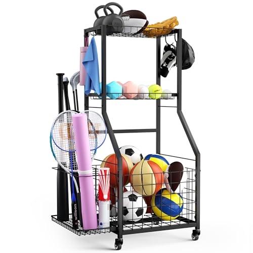 Sports Equipment Garage Organizer,Garage Ball Storage Rack for Sports with Wheels-Upgraded 3 Layers Sports Organizer Rack Outdoor Basketball Racks for Balls with Holder and Hooks - color: Black