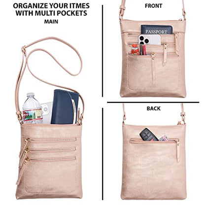 Solene Crossbody Bag Functional Multi Pocket Messenger Purse Top Zip Closure Shoulder Handbag With Adjustable Strap - color: Rose Gold