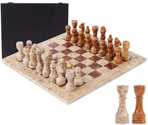 Marble Chess Set 15" Inches Coral and Dark Brown with Storage Box and 2 Extra Queen Handmade Luxury Board Games for Adults, Ideal Chess Board Game Set & Marble Chess Set for Adults - color: Coral & Dark Brown