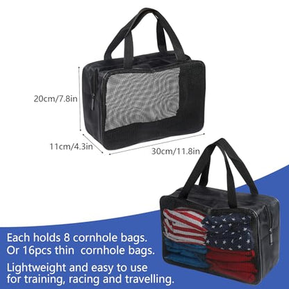 Klmnop 2 Pcs Cornhole Bag Carry Case Holds 8 Cornhole Bean Bags, Foldable Cornhole Mesh Bag Carrying Bag with Portable Handle for Men and Women
