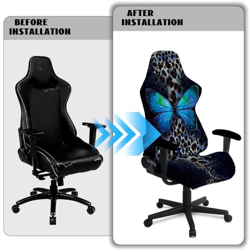 Suobstales Butterfly Leopard Print Gaming Chair Covers with Armrest Covers, Elastic Computer Chair Slipcovers Stretchable Washable Gaming Chair Seat Cover - color: Butterfly Leopard
