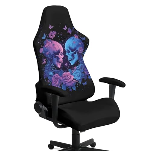 Skeleton Print Computer & Gaming Chair Slipcover Rose Butterfly Print Game Chair Cover with Armrest Covers Easy to Install Universal Fit Office Desk & Racing Computer Gamer Chairs - color: Black - Skeleton Rose Butterfly