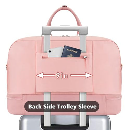 Weekender Bag for Women, Large Overnight Bag Canvas Travel Duffel Bag Carry On Tote with Shoe Compartment 21" 3Pcs Set - color: A15-pink+pink