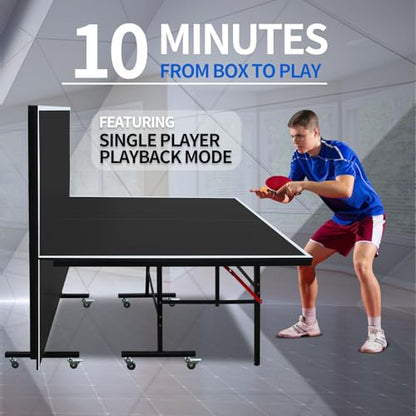 Foldable Indoor Ping Pong Table: 8ft Regulation Size Table Tennis Set - 10-Minute Setup & Solo Playback Mode for Home Office Games - Compact Storage 59" x 48" x 16" with Net & Paddles