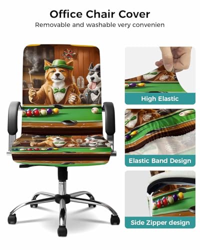 Animal Playing Billiards Office Chair Cover, Abstract Dog Universal Stretch Desk Rotating Chair Slipcovers, Board Games Removable Seat Protector with Zipper, S - color: Dark Green Brown, size: Small