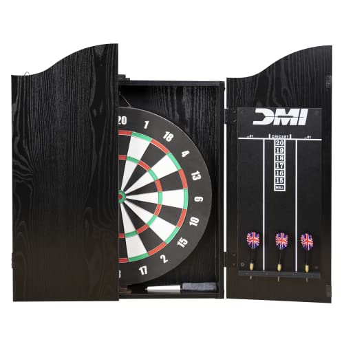 DMI Americana Dartboard Cabinet Set with 18-Inch Paper Dartboard, Reversible Baseball Game, Built-in Cricket Scoring, Darts, Chalk & Mounting Hardware – Classic Black Finish