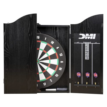 DMI Americana Dartboard Cabinet Set with 18-Inch Paper Dartboard, Reversible Baseball Game, Built-in Cricket Scoring, Darts, Chalk & Mounting Hardware – Classic Black Finish