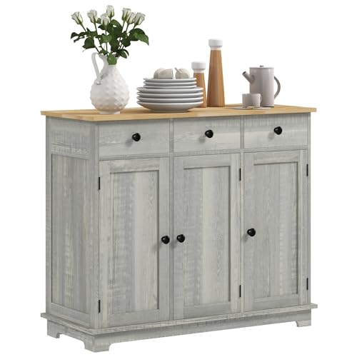 HOMCOM Sideboard Buffet Cabinet with Solid Wood Countertop, Modern Kitchen Storage Cabinet, Coffee Bar Cabinet with 3 Drawers, Doors and Adjustable Shelf, Distressed Light Gray - color: Distressed Light Gray, size: 39.75" x 15.75" x 33.5"