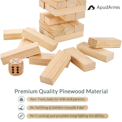 ApudArmis Giant Tumble Tower Stack to Over 5Ft, 56 PCS Pine Wooden Stacking Timber Game with 1 Dice Set - Classic Block Giant Outdoor Game (7.48 * 2.48 * 1.5In Each Block) - color: Burlywood, size: XL-Over 5FT