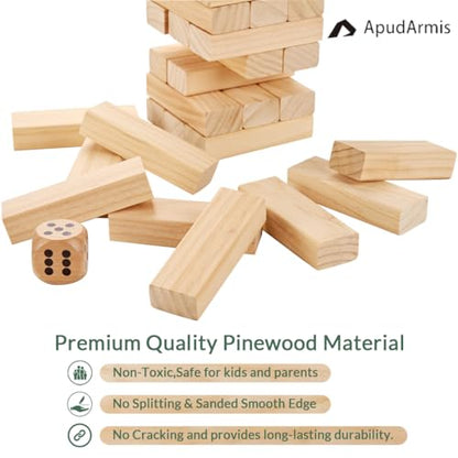 ApudArmis Giant Tumble Tower Stack to Over 5Ft, 56 PCS Pine Wooden Stacking Timber Game with 1 Dice Set - Classic Block Giant Outdoor Game (7.48 * 2.48 * 1.5In Each Block) - color: Burlywood, size: XL-Over 5FT