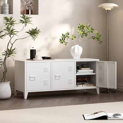 MIOCASA TV Stand 3 Door Metal Storage Locker Cabinet with Shelves for Living Room, Bedroom，Office(White) - color: White-1