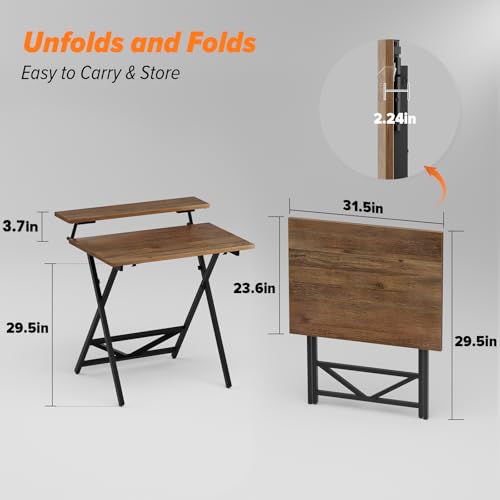 WOHOMO Folding Computer Desk with Adjustable Height, 23.6" x 31.5" x 25.6" Foldable Table with Monitor Stand, Small Office Desk for Bedroom, Space Saving Desk for Home Office, Easy Assemble, Walnut - color: Walnut
