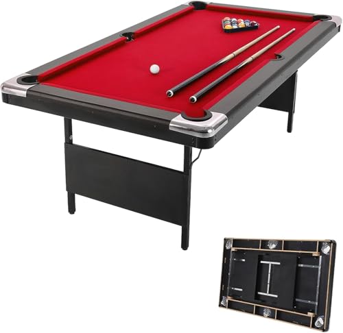 7 Foot Pool Table for Family, Foldable No Assembly Pool Table with Balls, Cues, Chalk, Rack & Brush, Portable Billiards Game Table for Apartment, Basement, Office & Game Room - size: Red-6FT