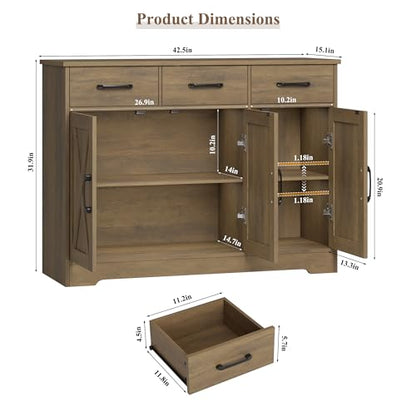 HOSTACK Modern Farmhouse Buffet Sideboard Cabinet, Barn Doors Storage Cabinet with Drawers and Shelves, Wood Coffee Bar Station for Dining Room, Kitchen, Living Room, Rustic Brown - color: Rustic Brown