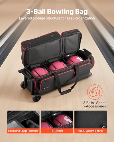 VEVOR Bowling Ball Bag, 3 Ball Double Roller Bowling Bag with Wheels, Featuring a Separate Compartment for Shoes (Up To US Size 16) & Oversized Accessory Pocket, Retractable Handle Extends to 41.34 in - style: Black-red