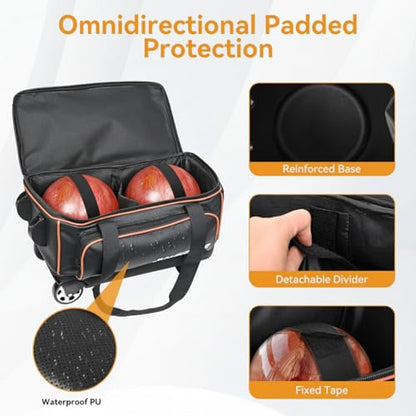 2 Ball Bowling Bag with Wheel,900D Oxford Waterproof PU,Dual Roller Bowling Bag with Sturdy Frame,Large Shoe Compartment Fits Up to Men’s 16,Rolling Bowling Tote, Handle Extends to 39.5" - color: Black