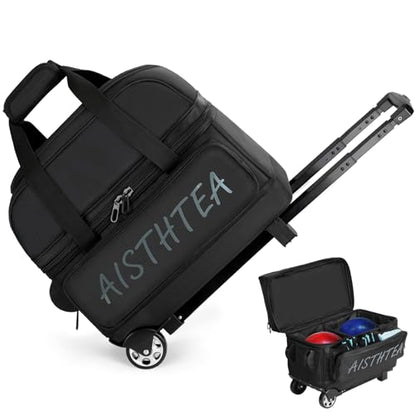 2 Ball Bowling Bag with Wheels, Bowling Bags 2 Ball Roller - 1680D Reinforced Oxford, Bowling Ball Bag with Separate Shoe Compartment & Retractable Handle Extends to 40'' - color: Black