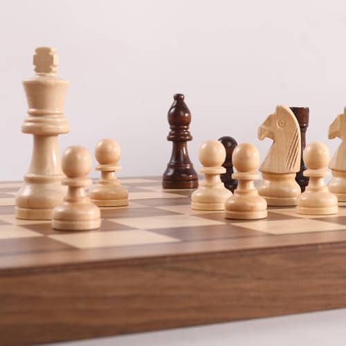 Ajedrez Magnetic Wooden Chess Set, 15" Walnut Folding Chess Board with Handcrafted Staunton Pieces 2 Extra Queens, Portable Travel Chess Board Game for Adults Kids, Gift Box & Storage Bag - color: Gray