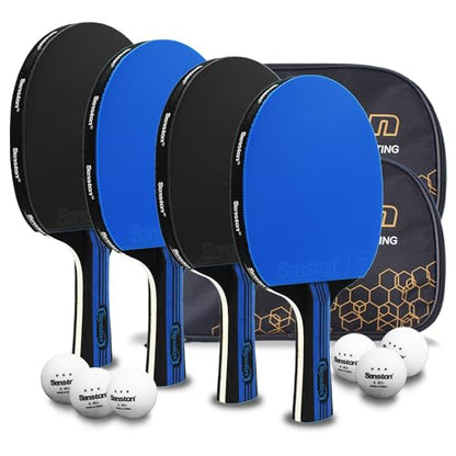 Senston 5-Ply Ping Pong Paddles Set – Premium Wood Table Tennis Set of 4 with 6 Balls & Portable Carry Case – High-Control 2mm Sponge & Ergonomic Non-Slip Grip for Beginners & Family Play - color: Blue+Blue