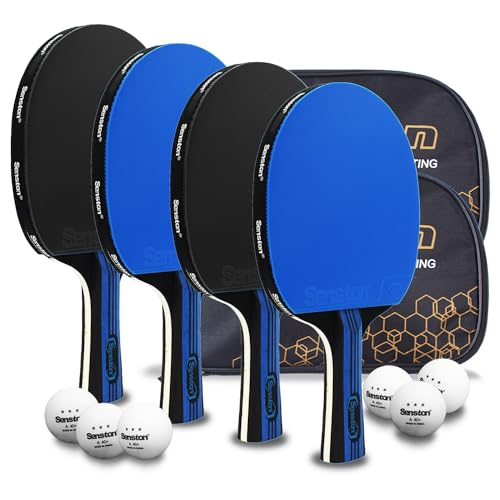 Senston 5-Ply Ping Pong Paddles Set – Premium Wood Table Tennis Set of 4 with 6 Balls & Portable Carry Case – High-Control 2mm Sponge & Ergonomic Non-Slip Grip for Beginners & Family Play - color: Blue+Blue