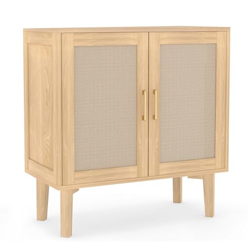 Buffet Sideboard Storage Cabinet with Rattan Decor Doors Solid Wood Feet, Multifunctional Accent Unit with Spacious Tabletop and Inner Shelves for Dining Room Kitchen - Easy Assembly