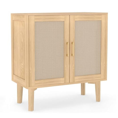 Buffet Sideboard Storage Cabinet with Rattan Decor Doors Solid Wood Feet, Multifunctional Accent Unit with Spacious Tabletop and Inner Shelves for Dining Room Kitchen - Easy Assembly