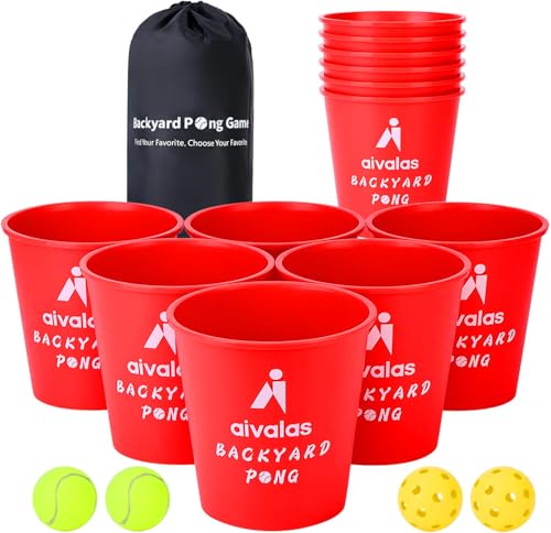 Aivalas Yard Pong Outdoor Games, Giant Yard Games Set with 12 Buckets and Balls for Adults and Family, Toss Game Throwing Games for Beach, Camping, Lawn and Backyard - color: Red
