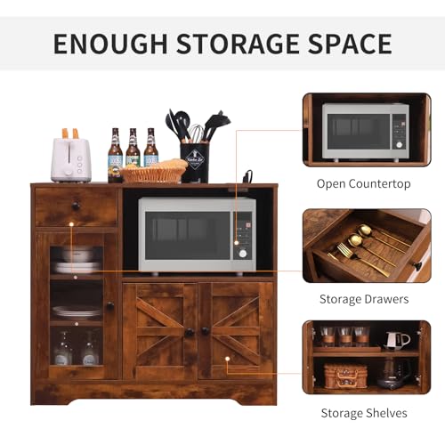 Storage Cabinet with Power Outlet, 35"" Modern Sideboard Buffet Cabinet w/Adjustable Shelf, Wooden Kitchen Cabinet with Open Shelves for Living Room, Dining Room, Kitchen, Brown, 1 PCS - color: Brown, style: Microwave Cabinet