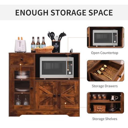 Storage Cabinet with Power Outlet, 35"" Modern Sideboard Buffet Cabinet w/Adjustable Shelf, Wooden Kitchen Cabinet with Open Shelves for Living Room, Dining Room, Kitchen, Brown, 1 PCS - color: Brown, style: Microwave Cabinet