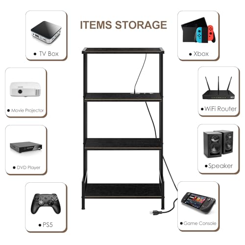 Arbuxzuy 4-Tier AV Media Stand with Power Outlet and LED Lights,Wooden Stereo Stand Cabinet,Game Console Shelf for Small Space,Audio Rack Stand Tower Ideal for Video DVD Players,Xbox - color: Black