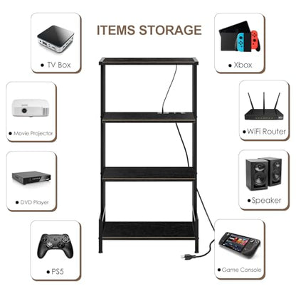 Arbuxzuy 4-Tier AV Media Stand with Power Outlet and LED Lights,Wooden Stereo Stand Cabinet,Game Console Shelf for Small Space,Audio Rack Stand Tower Ideal for Video DVD Players,Xbox - color: Black