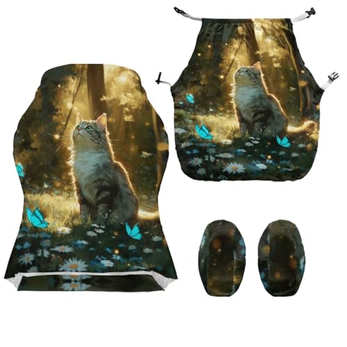 Gaming Chair Slip Cover Set 4Pc/Set Cat Butterfly Print Stretchy Machine Washable Computer Chair Seat Slipcovers with Armrest Covers Universal Fit Office Desk & Racing Computer Gamer Chairs - color: Green and Yellow - Cat Butterfly