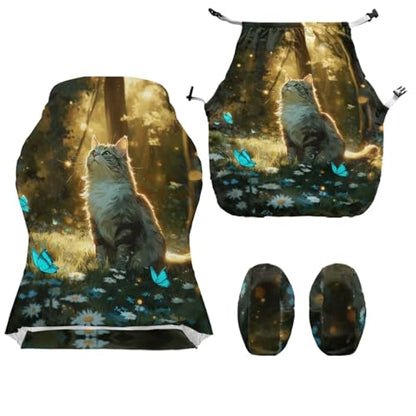 Gaming Chair Slip Cover Set 4Pc/Set Cat Butterfly Print Stretchy Machine Washable Computer Chair Seat Slipcovers with Armrest Covers Universal Fit Office Desk & Racing Computer Gamer Chairs - color: Green and Yellow - Cat Butterfly