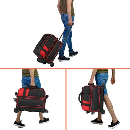LARIPOP 2 Ball Bowling Roller Bag, Wheeled Bag with Shoe Compartment, Telescopic Handle & Padded Protection for Men Women - color: Red