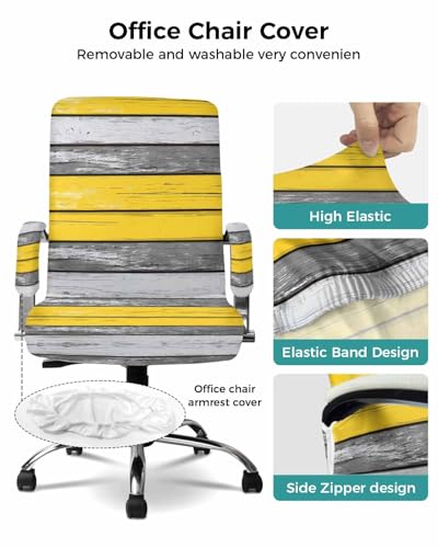 Coastal Style Office Chair Cover with Armrest Covers, Retro Gray Yellow Stripes Wood Grain Universal Stretch Desk Rotating Chair Slipcovers, Removable Seat Protector with Zipper, S - color: Yellow Gray, size: Small & 2PCS Armrest Covers