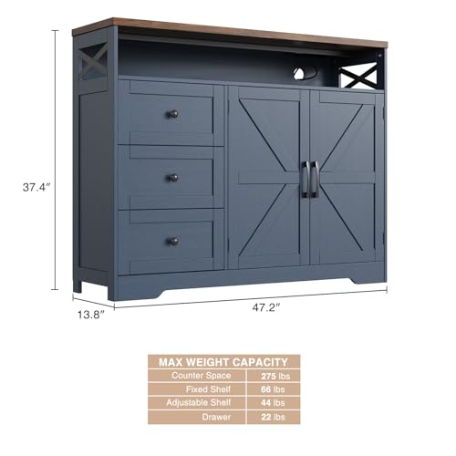Befrases Farmhouse Buffet Cabinet with Drawers & Open Shelf, Sideboard with Storage, Kitchen Pantry Cabinet Hutch, Coffee Bar Station for Kitchen, Livingroom, 47" L Blue - color: Blue