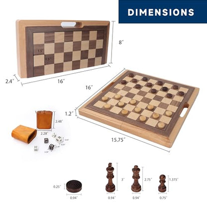 GSE Games & Sports Expert 16" Deluxe 3-in-1 Wooden Folding Chess, Checker & Backgammon Board Game Combo Set, Portable Travel Game Set for Kids & Adults