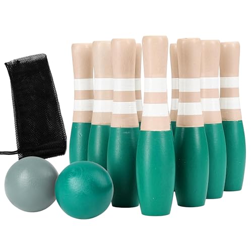 Sterling Sports Wooden Lawn Bowling 9" Skittles Set with Carrying Mesh Bag for Indoors and Outdoors - 10 Wooden Pins and 2 Balls, Green/Turquoise and Gray