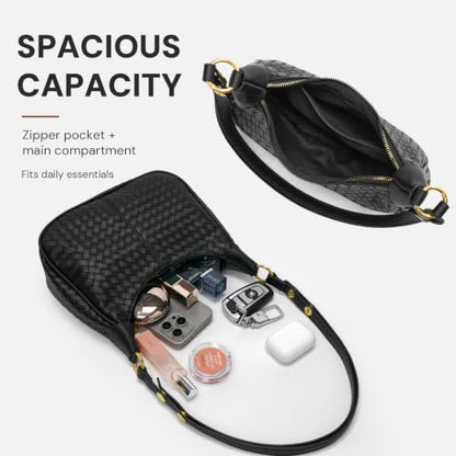 Shoulder Bags for Women Small Hobo Bags Crescent Shaped Cute Retro Tote Handbag Mini Clutch Purse with Zipper Closure - color: Black Woven