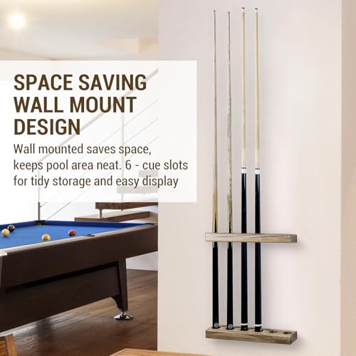 MyGift Premium Solid Acacia Wood Wall Mounted Billiard Cue Stick Rack, Rustic Wooden Pool Hall Accessories Holder Shelf, Billiards Parlor Hanger for 6 Cues